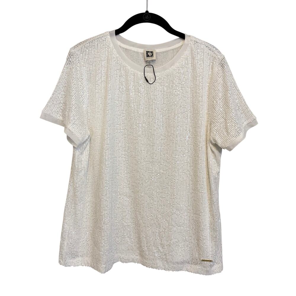 Anne Klein Sequin Top L White Triple Mesh Clubwear Disco Festival Party Bling